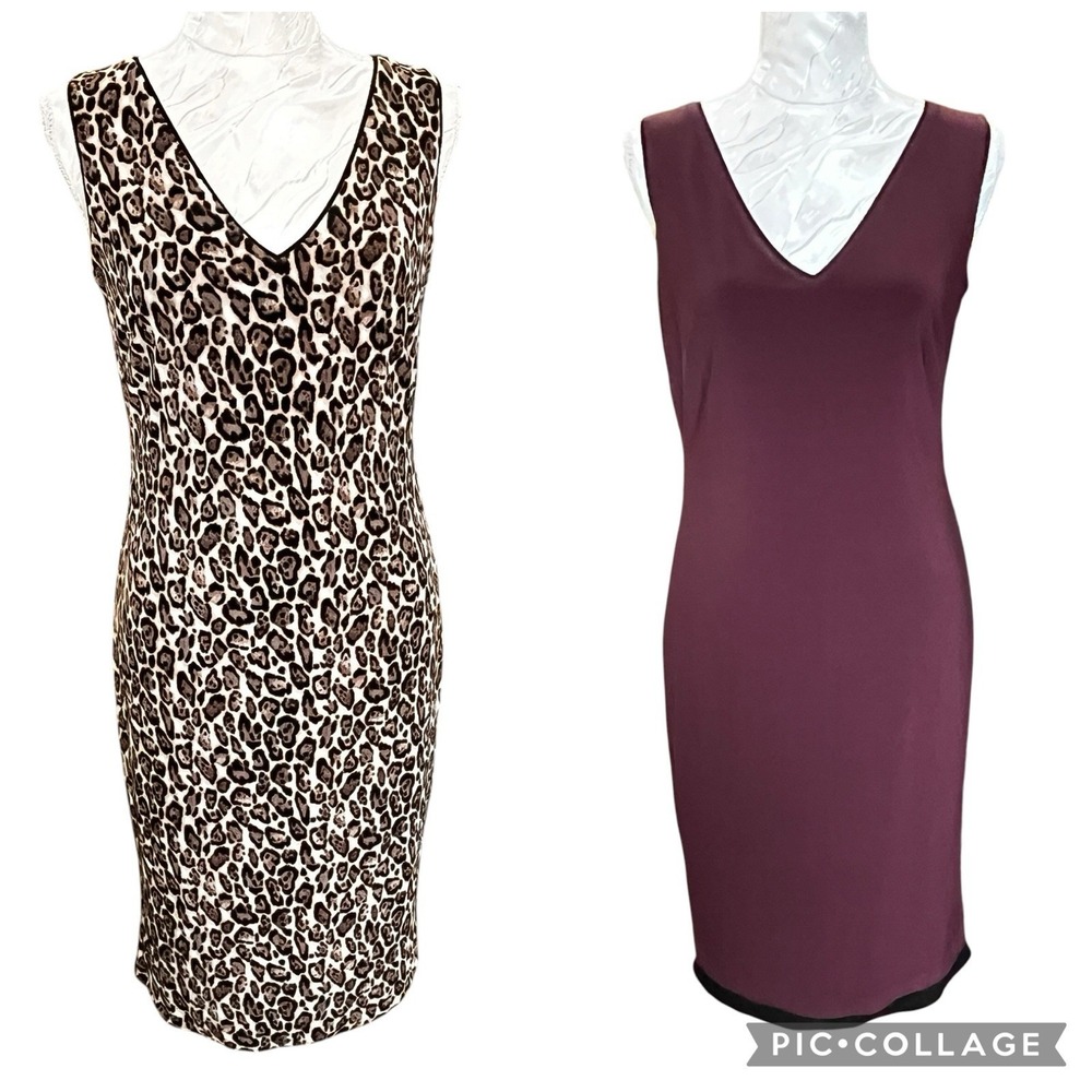 White House Black Market Sz M Reversible Dress Leopard Print Burgundy Stretch